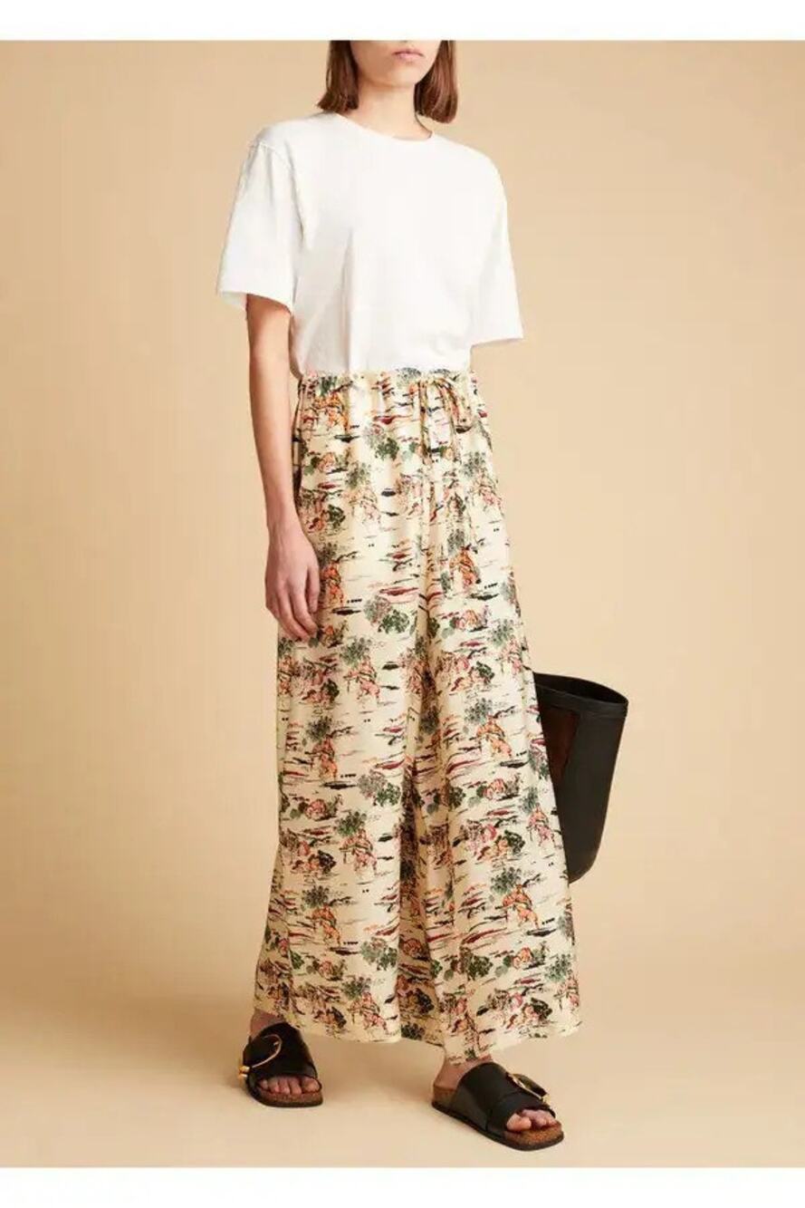 Khaite Phoebe Tiger Toile Pants Ivory Silk Wide Leg Ankle Drawstring Size L